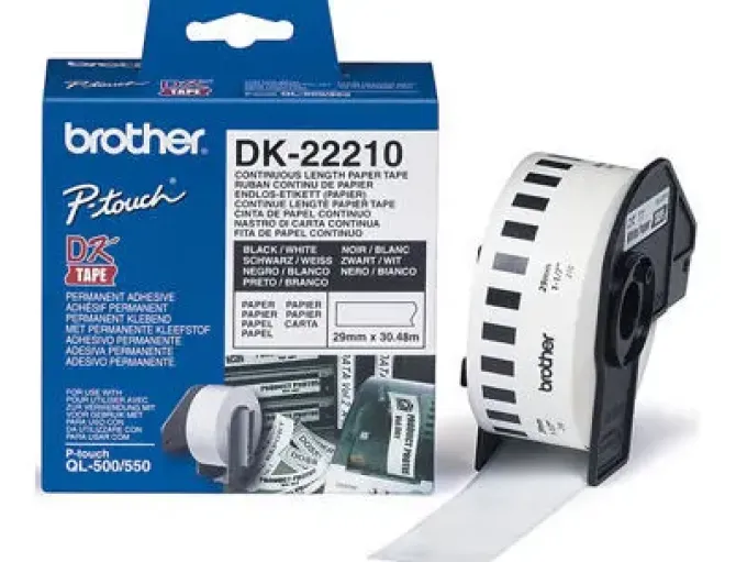 BROTHER DK22210 - ETIQUETAS ORIGINALES DE TAMAÑO PERSONALIZADO - ANCHO 29MM X 30,48 METROS - TEXTO NEGRO SOBRE FONDO BLANCO