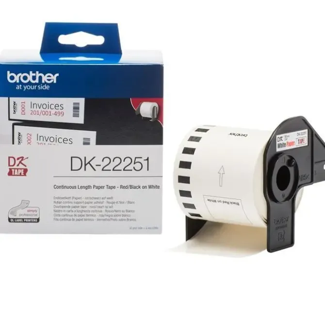 BROTHER DK22251 - ETIQUETAS ORIGINALES DE TAMAÑO PERSONALIZADO - ANCHO 62MM X 15,24 METROS - TEXTO ROJO Y NEGRO SOBRE FONDO BLANCO