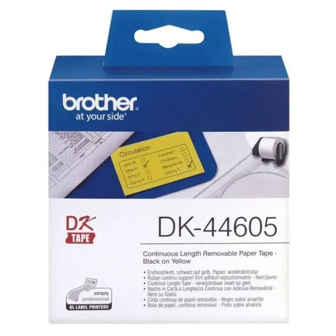 BROTHER DK44605 - ETIQUETAS REMOVIBLES ORIGINALES DE TAMAÑO PERSONALIZADO - ANCHO 62MM X 30,48 METROS - TEXTO NEGRO SOBRE FONDO AMARILLO