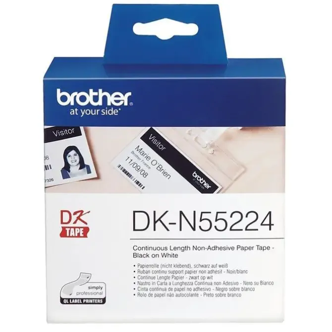 BROTHER DKN55224 - ETIQUETAS NO ADHESIVAS ORIGINALES DE TAMAÑO PERSONALIZADO - ANCHO 54MM X 30,48 METROS - TEXTO NEGRO SOBRE FONDO BLANCO