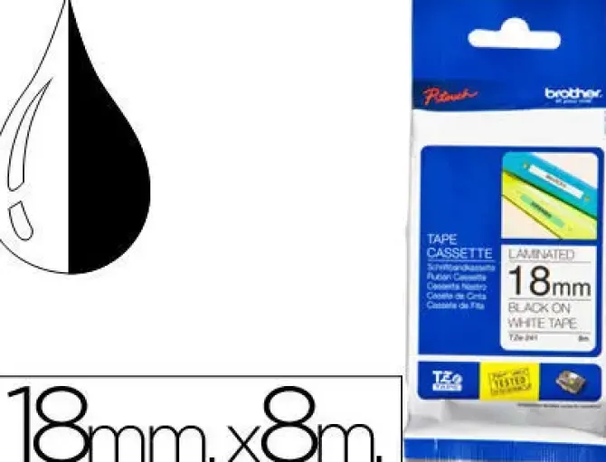 BROTHER TZE241 CINTA LAMINADA ORIGINAL DE ETIQUETAS - TEXTO NEGRO SOBRE FONDO BLANCO - ANCHO 18MM X 8 METROS