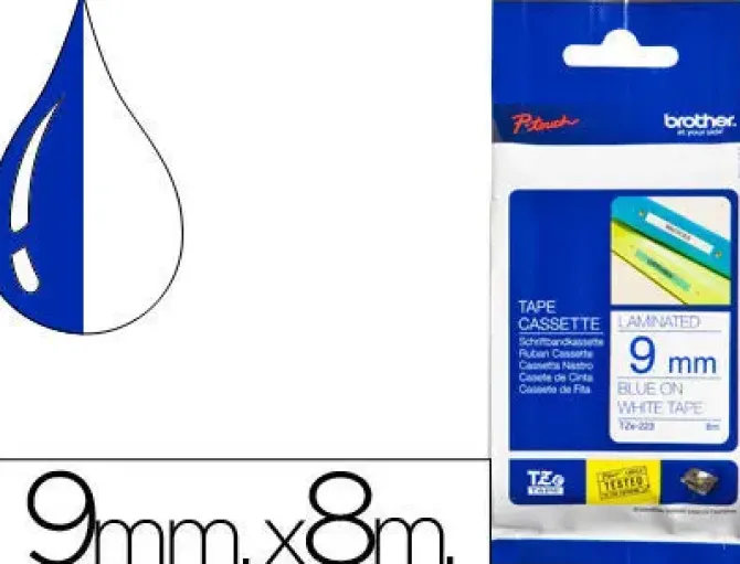 BROTHER TZE223 CINTA LAMINADA ORIGINAL DE ETIQUETAS - TEXTO AZUL SOBRE FONDO BLANCO - ANCHO 9MM X 8 METROS