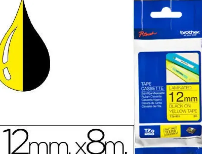 BROTHER TZE631 CINTA LAMINADA ORIGINAL DE ETIQUETAS - TEXTO NEGRO SOBRE FONDO AMARILLO - ANCHO 12MM X 8 METROS