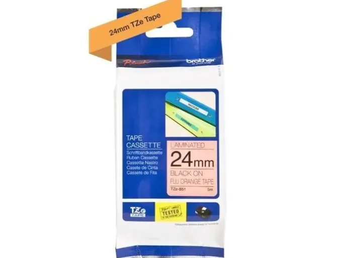 BROTHER TZEB51 CINTA LAMINADA FLUORESCENTE ORIGINAL DE ETIQUETAS - TEXTO NEGRO SOBRE FONDO BLANCO - ANCHO 24MM X 5 METROS
