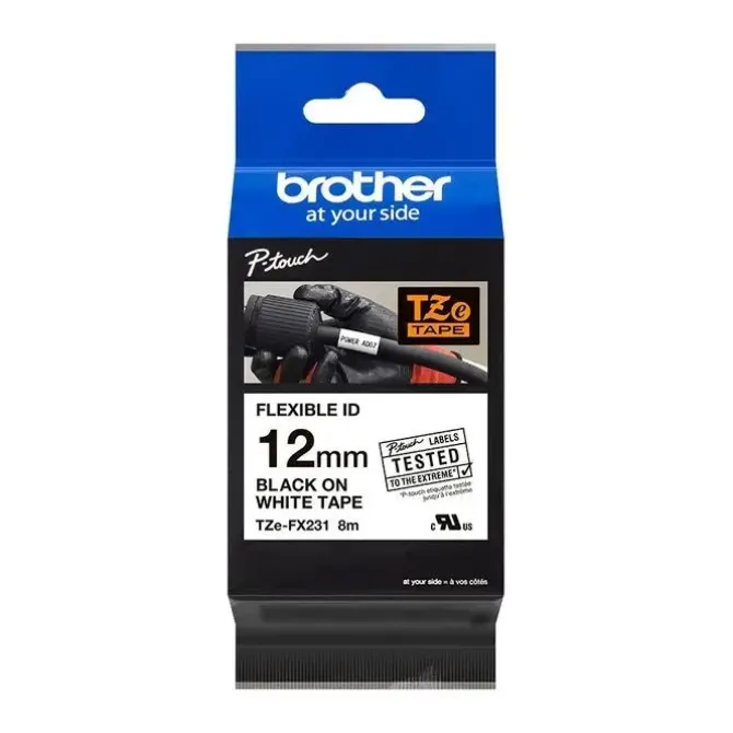 BROTHER TZEFX231 CINTA LAMINADA FLEXIBLE ORIGINAL DE ETIQUETAS - TEXTO NEGRO SOBRE FONDO BLANCO - ANCHO 12MM X 8 METROS
