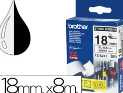 BROTHER TZES241 CINTA LAMINADA SUPER ADHESIVA ORIGINAL DE ETIQUETAS - TEXTO NEGRO SOBRE FONDO BLANCO - ANCHO 18MM X 8 METROS