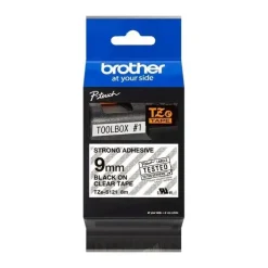 BROTHER TZES121 CINTA LAMINADA SUPER ADHESIVA ORIGINAL DE ETIQUETAS - TEXTO NEGRO SOBRE FONDO TRANSPARENTE - ANCHO 9MM X 8 METROS
