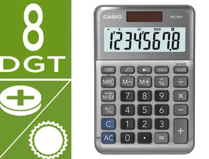 CALCULADORA CASIO MS-80F SOBREMESA 8 DIGITOS TAX +/- COLOR PLATA