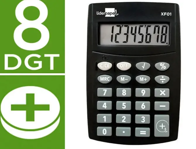 CALCULADORA LIDERPAPEL BOLSILLO XF01 8 DIGITOS PILAS COLOR NEGRO 99X64X9 MM