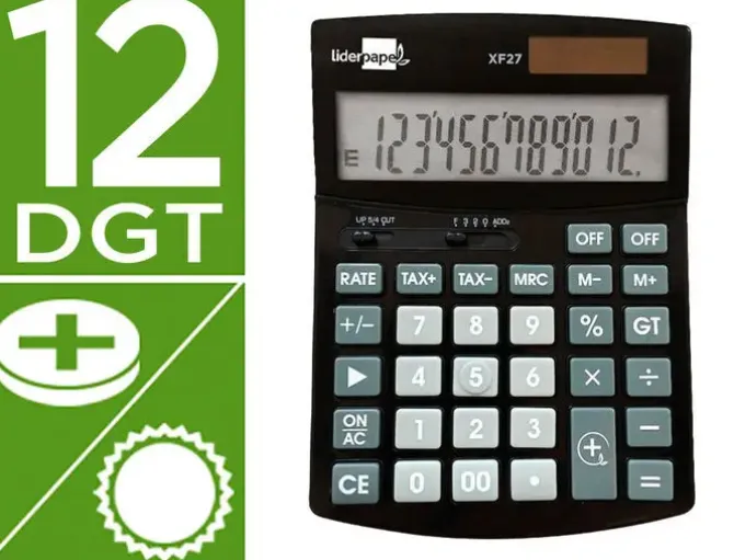CALCULADORA LIDERPAPEL SOBREMESA XF27 12 DIGITOS TASAS SOLAR Y PILAS COLOR NEGRO 155X115X25 MM