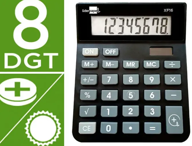 CALCULADORA LIDERPAPEL SOBREMESA XF16 8 DIGITOS SOLAR Y PILAS COLOR NEGRO 127X105X24 MM