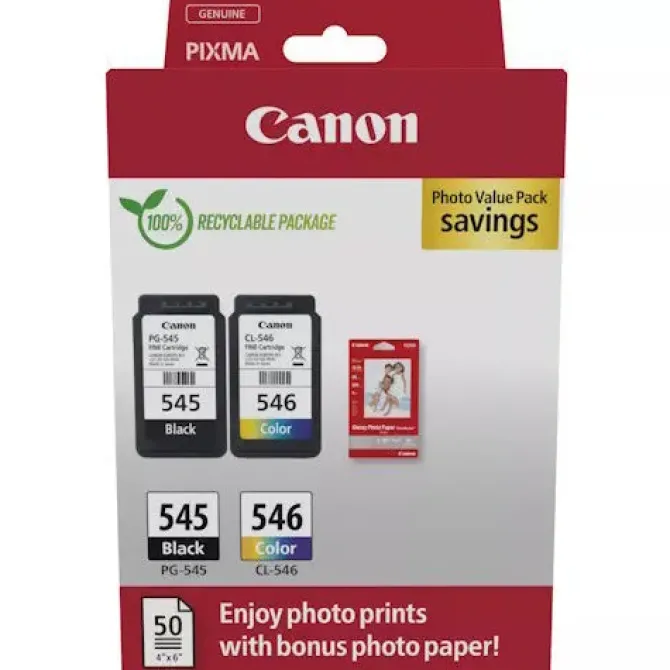 CANON PG545 NEGRO + CL546 COLOR PACK DE CARTUCHOS DE TINTA ORIGINALES + 50 HOJAS DE PAPEL FOTOGRAFICO - 8287B008/8287B006/8287B005
