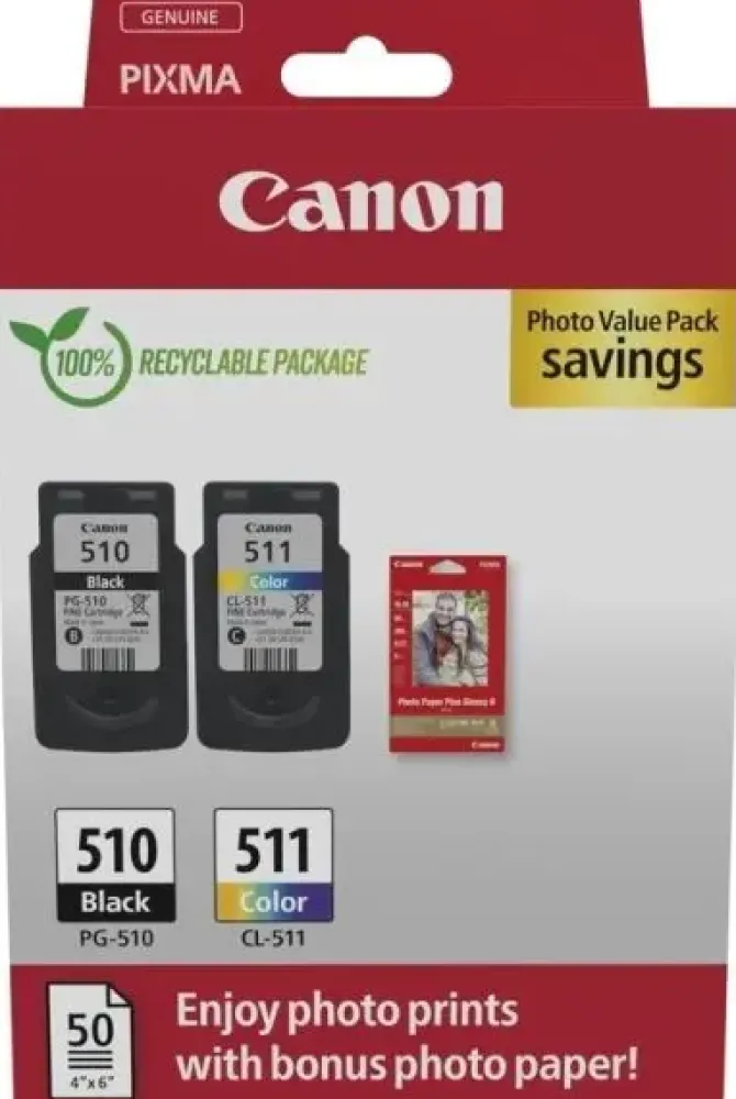 CANON PG-510/CL-511 MULTIPACK DE 2 CARTUCHOS DE TINTA ORIGINALES + 50 HOJAS DE PAPEL FOTOGRAFICO - 2970B017