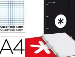 CARPETA CON RECAMBIO LIDERPAPEL ANTARTIK A4 CUADRO 5 MM FORRADA 4 ANILLAS 25MM COLOR NEGRO