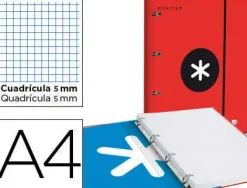 CARPETA CON RECAMBIO LIDERPAPEL ANTARTIK A4 CUADRO 5 MM FORRADA 4 ANILLAS 25MM COLOR ROJO