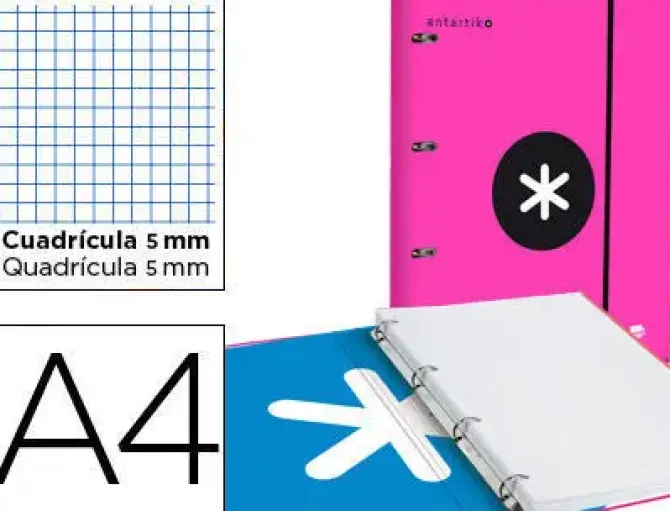 CARPETA CON RECAMBIO LIDERPAPEL ANTARTIK A4 CUADRO 5 MM FORRADA 4 ANILLAS 25MM COLOR ROSA
