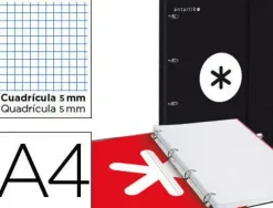 CARPETA CON RECAMBIO Y SOLAPA LIDERPAPEL ANTARTIK A4 CUADRO 5 MM FORRADA 4 ANILLAS REDONDAS 40MM COLOR NEGRA