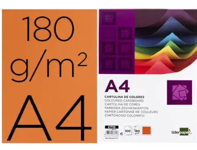 CARTULINA LIDERPAPEL A4 180G/M2 NARANJA FUERTE PAQUETE DE 100