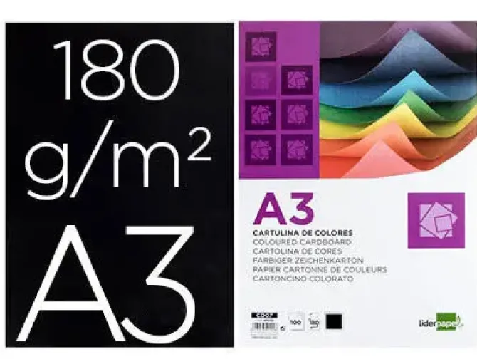 CARTULINA LIDERPAPEL A3 180G/M2 NEGRO PAQUETE DE 100