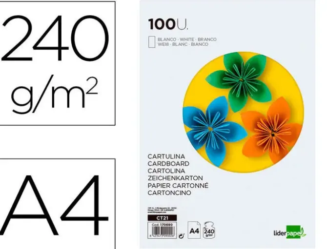CARTULINA LIDERPAPEL A4 240G/M2 BLANCO PAQUETE DE 100 HOJAS