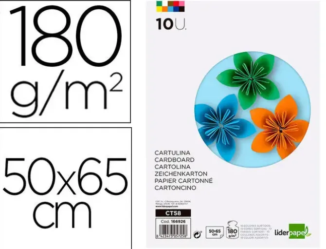 CARTULINA LIDERPAPEL 50X65 CM 180G/M2 10 COLORES SURTIDOS PAQUETE DE 10 HOJAS