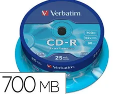 CD-R VERBATIM CAPACIDAD 700MB VELOCIDAD 52X PACK 25 UNIDADES