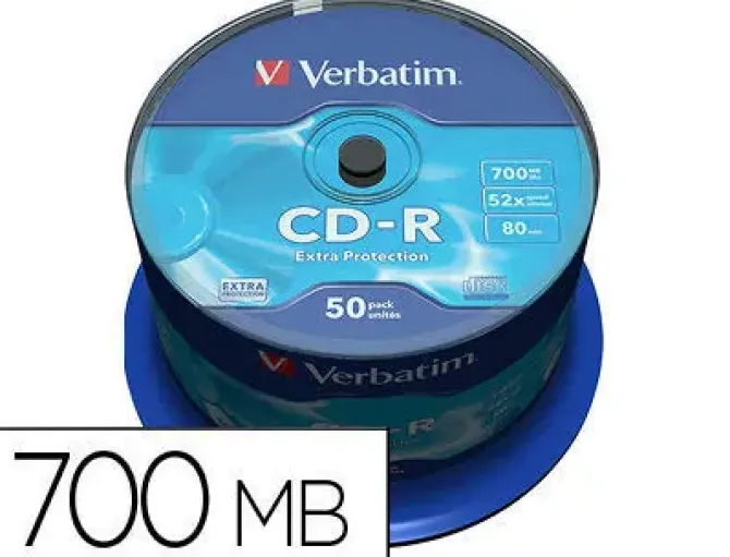 CD-R VERBATIM CAPACIDAD 700MB VELOCIDAD 52X 80 MIN TARRINA DE 50 UNIDADES