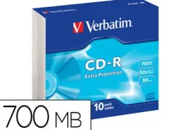 CD-ROM VERBATIM EXTRA PROTECCION CAPACIDAD 700MB VELOCIDAD 52X 80 MIN PACK DE 10 UNIDADES CAJA SLIM