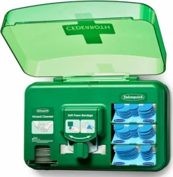 CEDERROTH DISPENSADOR PARA EL CUIDADO DE HERIDAS - INCLUYE DIFERENTES TAMAÑOS DE APOSITOS COLOR AZUL, TOALLITAS PARA HERIDAS Y VENDA AUTOADHERENTE