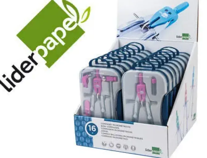 COMPAS LIDERPAPEL CON ADAPATADOR ALARGADERA Y MANGO EXTRA SOFT EXPOSITOR DE 16 ESTUCHES 2 MODELOS