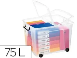 CONTENEDOR PLASTICO CEP 75 LITROS 485X600X415 MM TRANSPARENTE CON TAPA CIERRE HERMETICO Y 4 RUEDAS