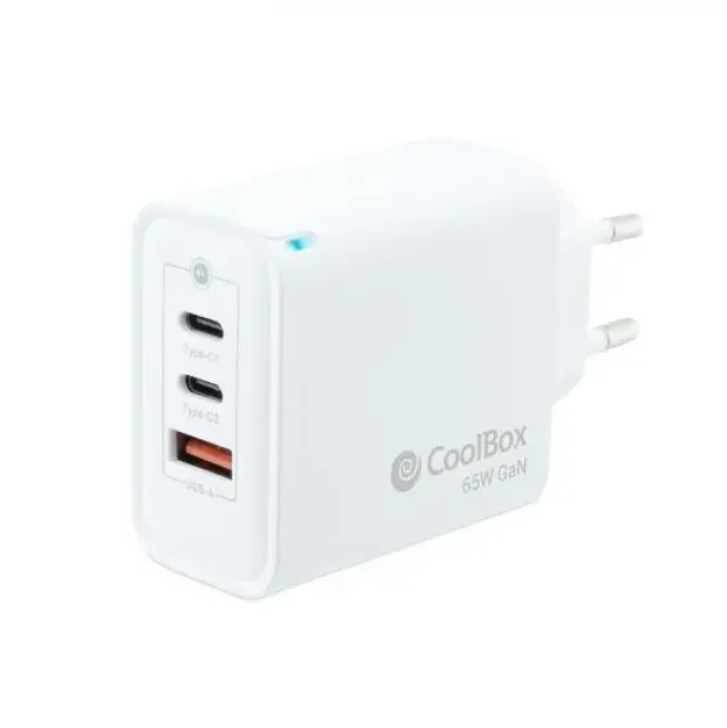 COOLBOX CARGADOR DE PARED 65W QC3.0 + PD - USB-A + 2XUSB-C - CARGA RAPIDA - TECNOLOGÍA GAN - COLOR BLANCO