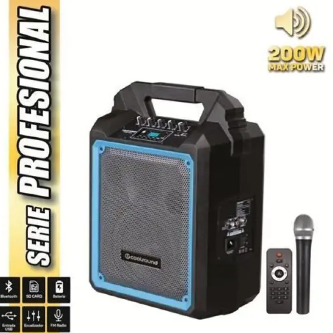 COOLSOUND PRO 200 ALTAVOZ AUTOAMPLIFICADO BLUETOOTH 200W 6.5 60W RMS CON BATERIA - USB, SD, ENTRADA MIC. JACK 6.3MM - 1 MICROFONO SERIE PRO COOL - AUTONOMIA HASTA 3.5H - ASA DE TRANSPORTE - MANDO A DI
