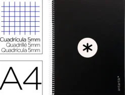 CUADERNO ESPIRAL LIDERPAPEL A4 MICRO ANTARTIK TAPA FORRADA 80H 90 GR CUADRO 5MM 1 BANDA 4 TALADROS NEGRO