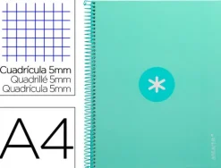 CUADERNO ESPIRAL LIDERPAPEL A4 MICRO ANTARTIK TAPA FORRADA 80H 90 GR CUADRO 5MM 1 BANDA 4 TALADROS MENTA