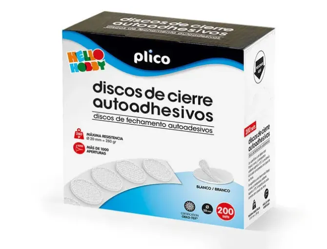 DISCO DE CIERRE PLICO VELCRO AUTOADHESIVO 20 MM DIAMETRO COLOR BLANCO CAJA DE 200 UNIDADES