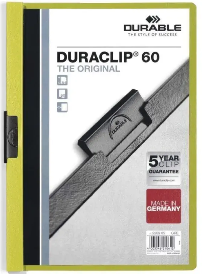 DURABLE DURACLIP 60 CARPETA DE PLASTICO CON CLIP DE ACERO - TAMAÑO A4 - CAPACIDAD HASTA 60 HOJAS - PARTE POSTERIOR RIGIDA COLOR VERDE
