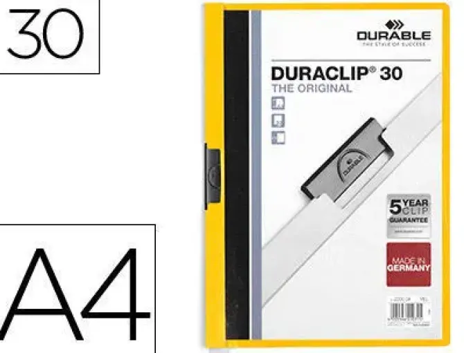 DURABLE DURACLIP 30 CARPETA DE PLASTICO CON CLIP DE ACERO - TAMAÑO A4 - CAPACIDAD HASTA 30 HOJAS - PARTE POSTERIOR RIGIDA COLOR AMARILLO