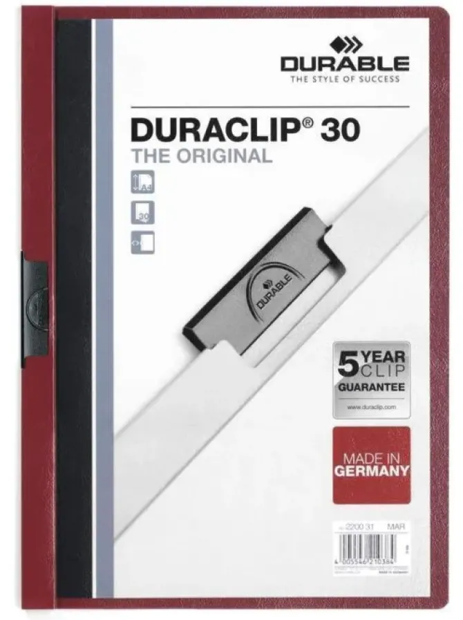 DURABLE DURACLIP 30 CARPETA DE PLASTICO CON CLIP DE ACERO - TAMAÑO A4 - CAPACIDAD HASTA 30 HOJAS - PARTE POSTERIOR RIGIDA COLOR BERENJENA