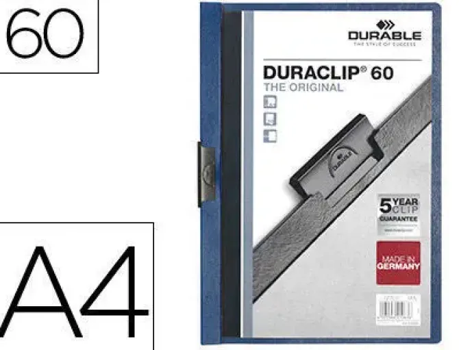 DURABLE DURACLIP 60 CARPETA DE PLASTICO CON CLIP DE ACERO - TAMAÑO A4 - CAPACIDAD HASTA 60 HOJAS - PARTE POSTERIOR RIGIDA COLOR AZUL OSCURO