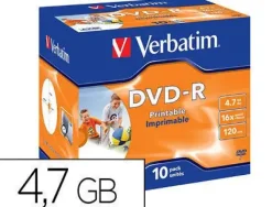 DVD-R VERBATIM IMPRIMIBLE CAPACIDAD 4.7GB VELOCIDAD 16X 120 MIN PACK DE 10 UNIDADES