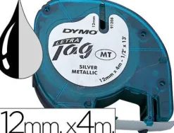 DYMO LETRATAG S0721730 CINTA DE ETIQUETAS ORIGINAL PARA ROTULADORA - TEXTO NEGRO SOBRE FONDO METALICO - ANCHO 12MM X 4 METROS (91208)