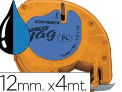 DYMO LETRATAG S0721650 CINTA DE ETIQUETAS ORIGINAL PARA ROTULADORA - TEXTO NEGRO SOBRE FONDO AZUL - ANCHO 12MM X 4 METROS (91205)