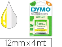 DYMO LETRATAG S0721800 PACK DE 3 CINTAS DE ETIQUETAS ORIGINALES PARA ROTULADORA - TEXTO NEGRO SOBRE FONDO BLANCO, AMARILLO Y METALICO - ANCHO 12MM X 4 METROS (91241)