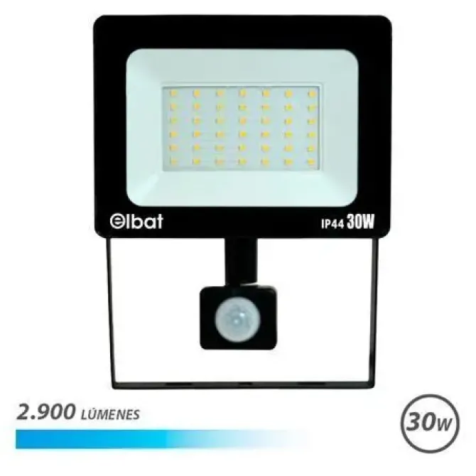 ELBAT FOCO LED CON SENSOR DE MOVIMIENTO - POTENCIA: 30W - LUMENES: 2900 - LUZ FRIA 6.500K - VIDA UTIL: 30.000 - 50.000 HORAS - ANGULO 120º - PROTECCION IP44 - DISTANCIA DE DETECCION: 5 A 12 METROS
