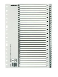 ESSELTE BOLSA DE 25 INDICES NUMERICOS DE PLASTICO - PESTAÑAS 1 AL 31 - MULTITALADRO - FORMATO FOLIO - COLOR GRIS