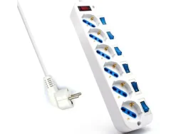 EWENT REGLETA DE ENERGIA - 6 ENCHUFES - VERSION SCHUKO - 16A CON INTERRUPTOR DE ENCENDIDO/APAGADO EN CADA PUERTO - PROTECTOR CONTRA SOBRETENSIONES - CABLE DE 5M - COLOR BLANCO