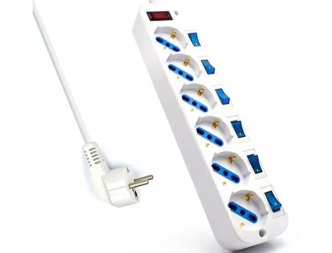 EWENT REGLETA DE ENERGIA - 6 ENCHUFES - VERSION SCHUKO - 16A CON INTERRUPTOR DE ENCENDIDO/APAGADO EN CADA PUERTO - PROTECTOR CONTRA SOBRETENSIONES - CABLE DE 5M - COLOR BLANCO
