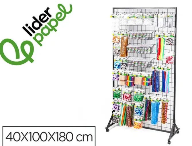 EXPOSITOR LIDERPAPEL METALICO PARA PRODUCTOS DE MANUALIDADES CON 373 UNIDADES SURTIDAS 40 GANCHOS Y 3 BANDEJAS