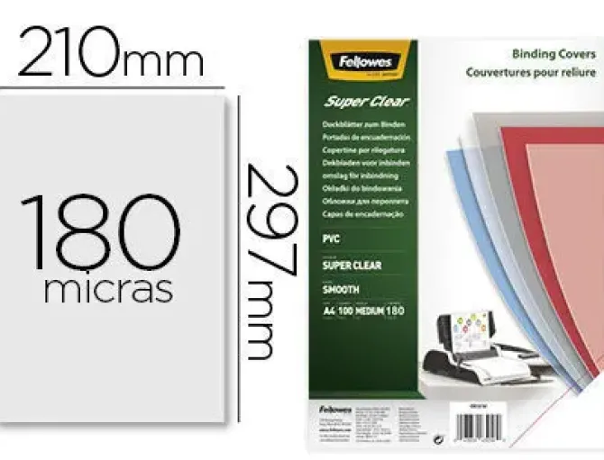 FELLOWES PACK DE 100 PORTADAS PARA ENCUADERNAR DE PVC A4 - 180 MICRAS - TRANSPARENTES